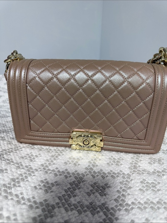 luxury rebel Handbags - CHANEL Quilted Lambskin Boy Shoulder Bag in Taupe Beige with Silver Hardware